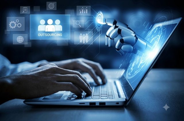 Developer working at a laptop beside a robot hand and an OUTSOURCING label — AI agent development cost breakdown