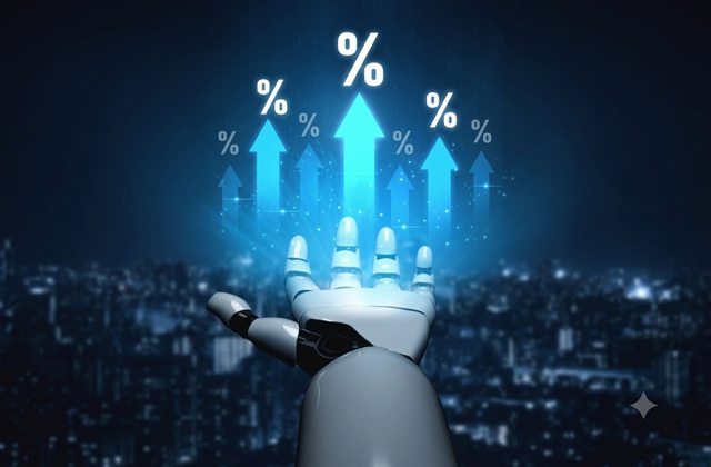 Robot hand raising glowing percentage growth arrows over a city skyline — comparing agentic AI consulting prices