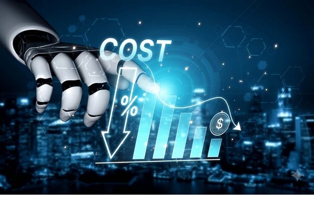 Robot hand holding a glowing dollar sign labelled COST above a city — how much an AI agent costs in 2026